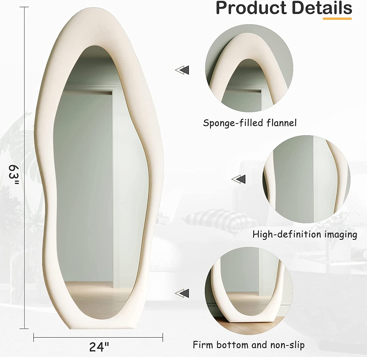 63x24 Inch Full Length Mirror | Flannel Wrapped Wooden Frame | Irregular Modern Wall Mirror