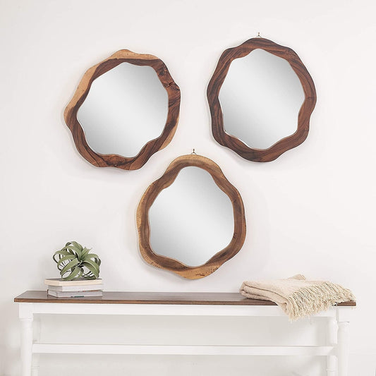 Irregular Suar Wood Wall Mirror | Modern Rustic Hanging Mirror | 3D Natural Frame 21.7"x24.2"