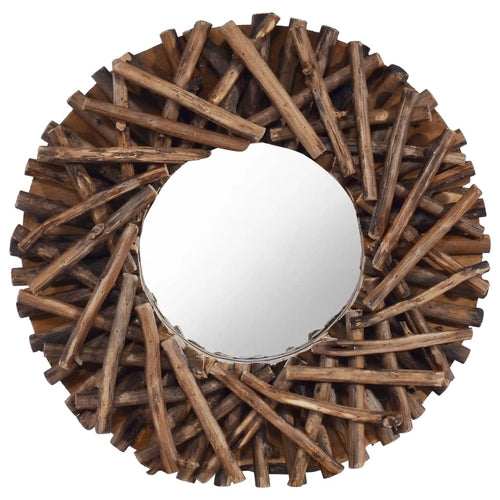 Handwoven Teak Wood Round Wall Mirror – 15.7"
