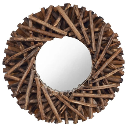 Handwoven Teak Wood Round Wall Mirror – 15.7"