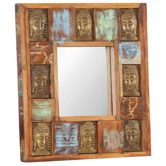 Handmade Reclaimed Wood Mirror with Buddha Cladding – 19.7" x 19.7"