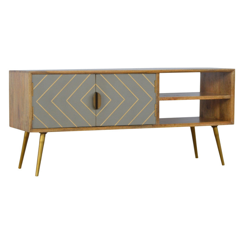 Sleek Cement and Brass Inlay Media Unit in Solid Mango Wood