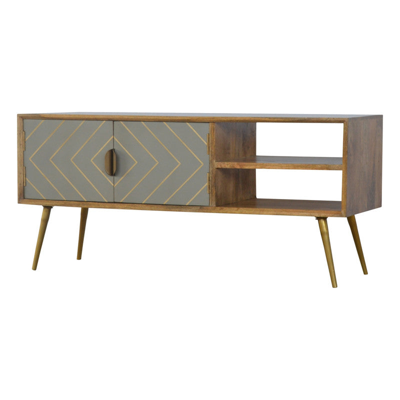 Sleek Cement and Brass Inlay Media Unit in Solid Mango Wood