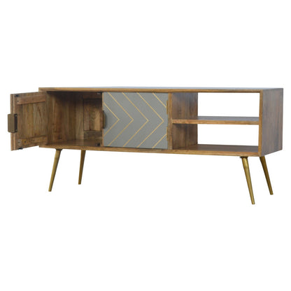 Sleek Cement and Brass Inlay Media Unit in Solid Mango Wood