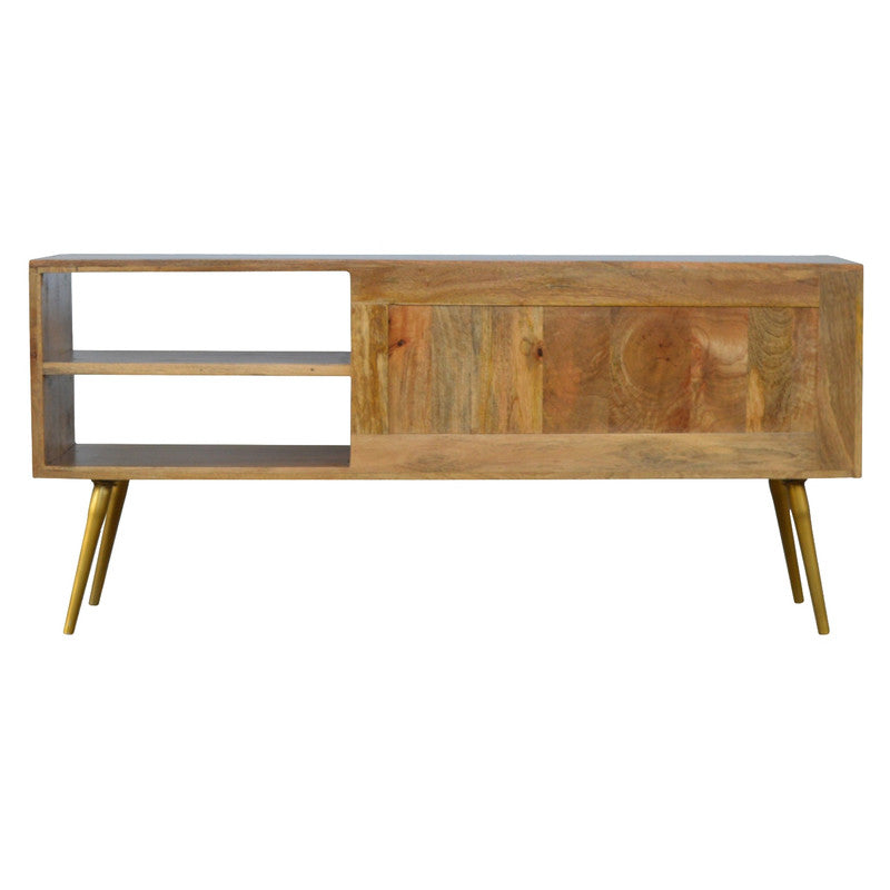 Sleek Cement and Brass Inlay Media Unit in Solid Mango Wood