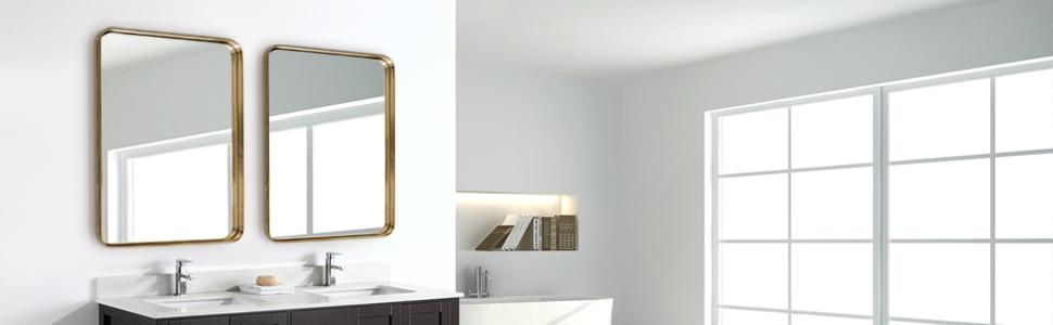 Gold Trimmed Rectangular Mirror: Elegant Bathroom Vanity Accent