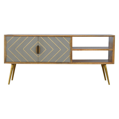 Sleek Cement and Brass Inlay Media Unit in Solid Mango Wood