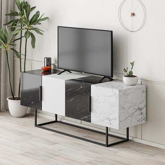 TV Stand Black Marble Effect & White Melamine